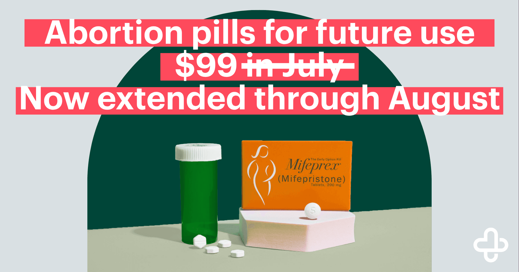 A green prescription pill bottle, an orange box of mifepristone, and several white tablets sit on a display against a dark green arch and light gray background. Large text at the top reads, "Abortion pills for future use $99 in July", but "In July" is crossed out and replaced with "Now extended through August". A white carafem logo appears in the bottom right corner.