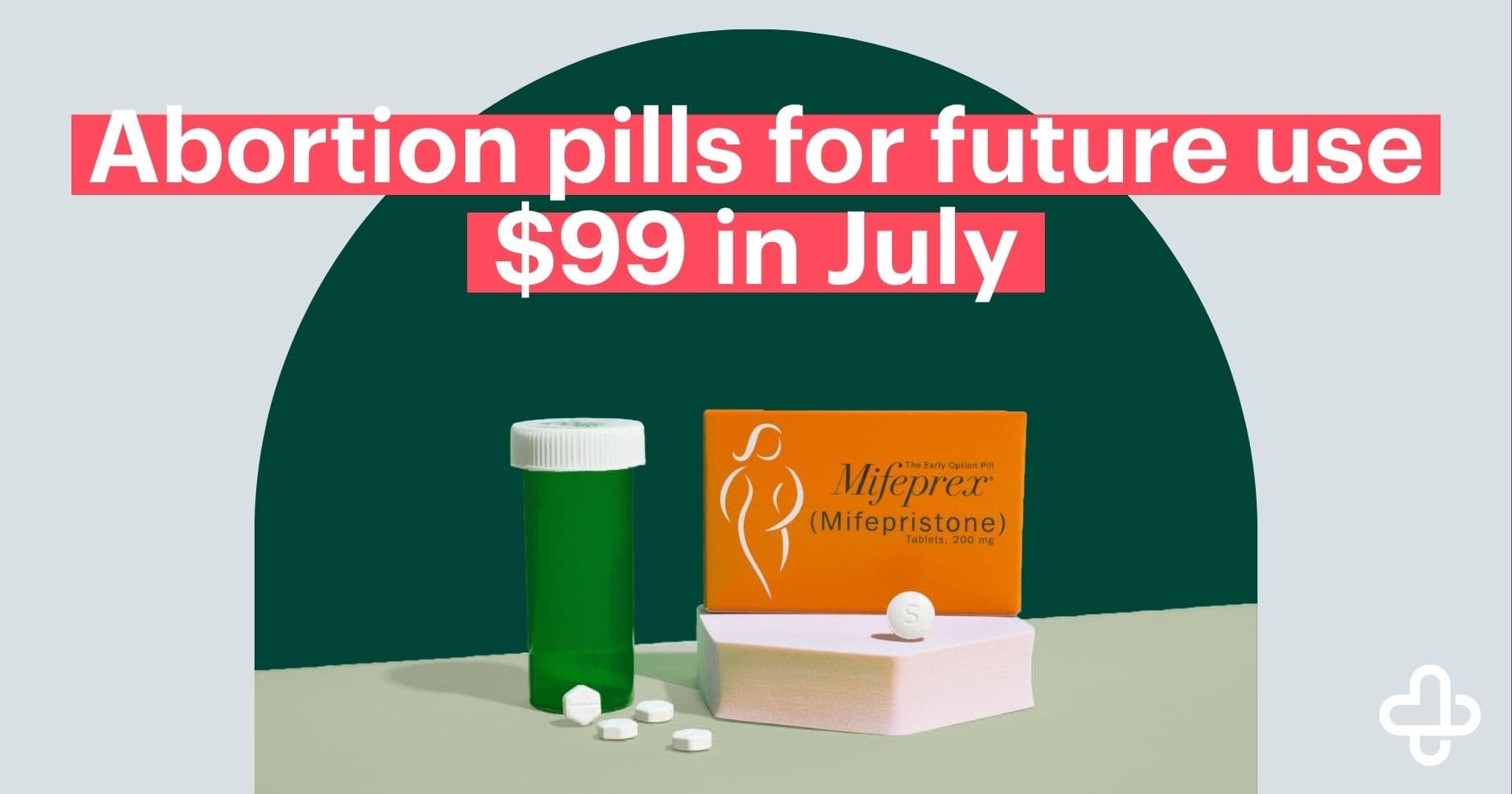 A green prescription pill bottle, an orange box of mifepristone, and several white tablets sit on a display against a dark green arch and light gray background. Large text at the top reads, "Abortion pills for future use $99 in July". A white carafem logo appears in the bottom right corner.
